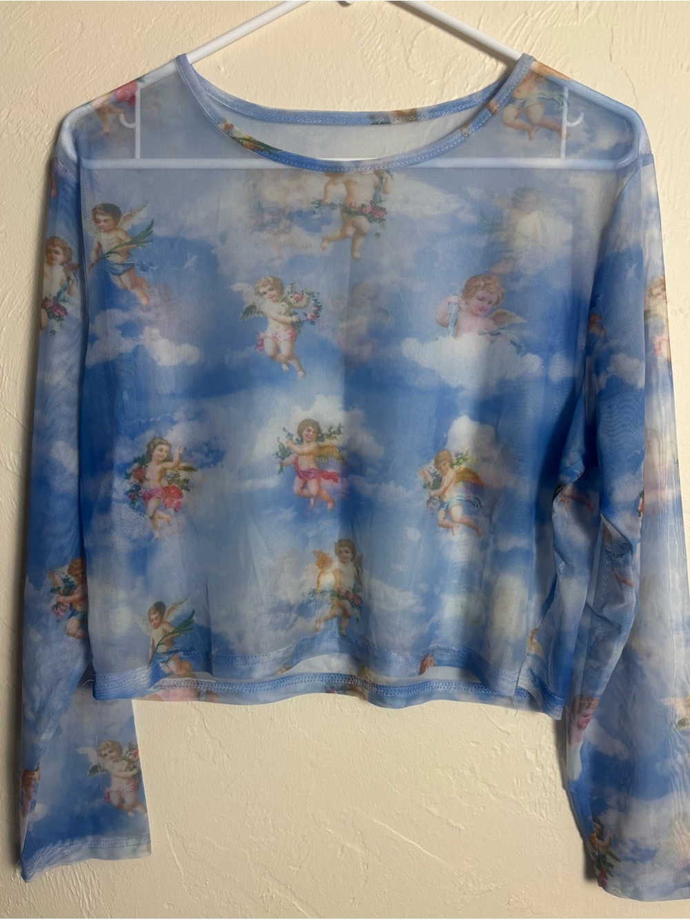 Women Sheer Blue Top | Angel Print Long-Sleeve | Crop Style With Soft Material